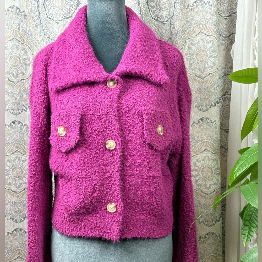 Revival Cropped Bouclé Cardigan | Bright Pink Fuzzy Jacket
